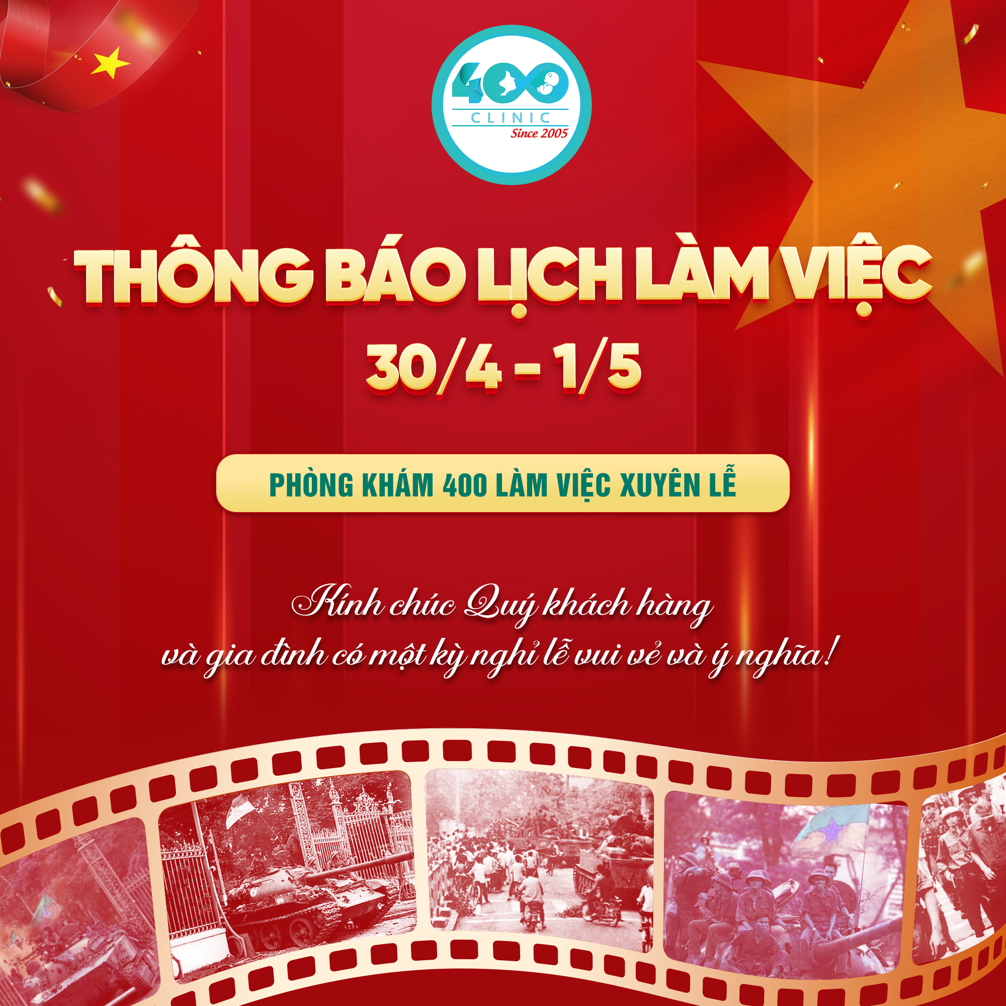  PHÒNG KHÁM 400 LÀM VIỆC XUYÊN LỄ 30/4 VÀ 1/5